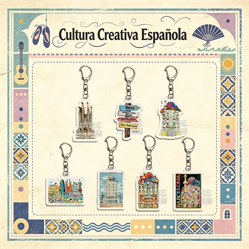 Spanish Landmark Acrylic Keychain Barcelona Sagrada Familia Travel Souvenir KeyRing Spain Cultural Creative Ornament TouristGift
