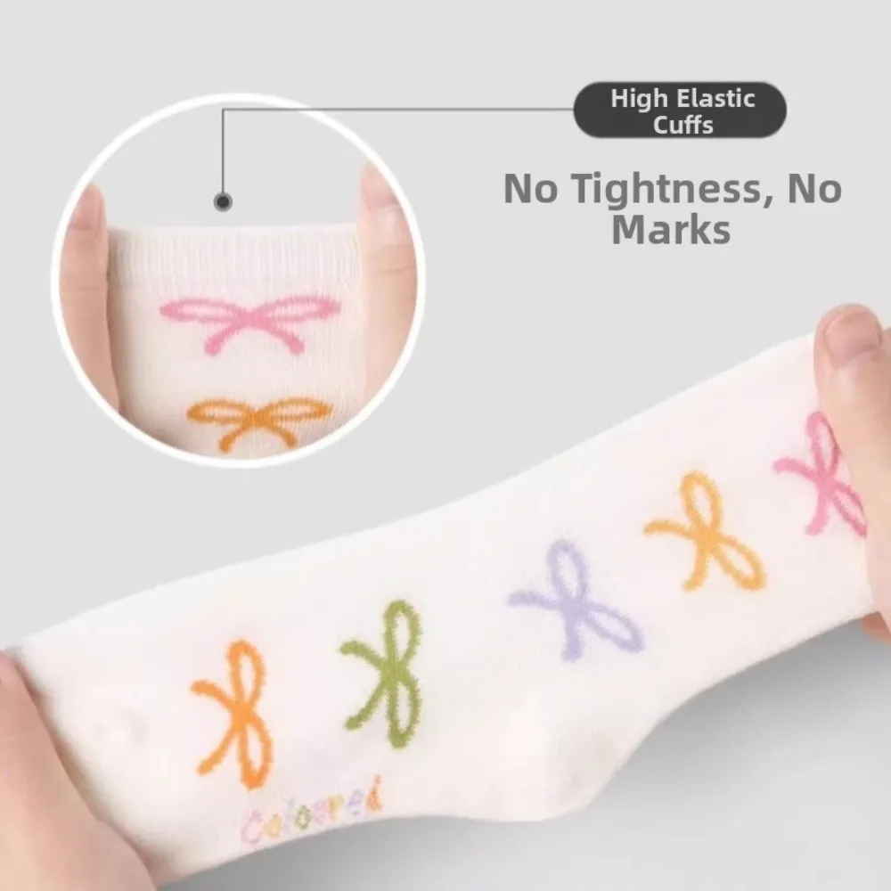 5 Pair Set Cute Ruffle Bowknot Socks Print Pattern Soft Elastic Mid Tube Socks Cotton Breathable Girls Ankle Socks Daily Wear