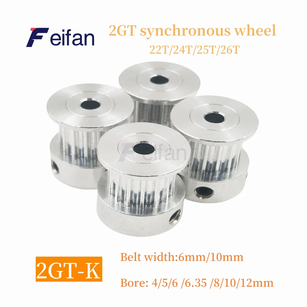 

GT2 K-type 2GT Number Teeth 22T/24T/25T /26T Timing Pulley Bore: 4/5/6/6.35/8/10/12mm For Belt Width: 6mm/10mm , 3D Printers GT2