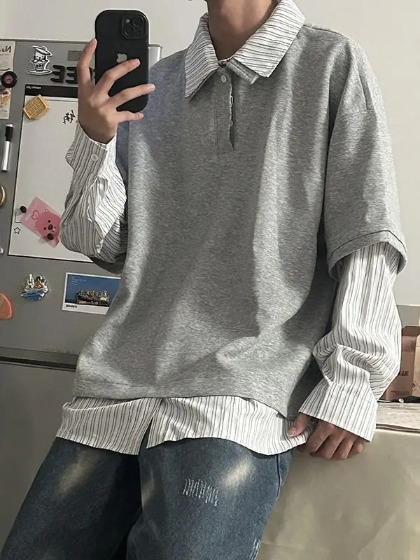 

Новая мужская толстовка в американском стиле с длинными рукавами, в полоску, ретро, с эффектом двухслойности, в стиле пэчворк, свободного кроя, для повседневной носки