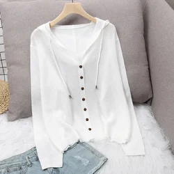 Summer Hooded Solid Color Knitted Jacket New Loose Hollow Cardigan Button V Neck Long Sleeve Large Size Top for Women Clothes