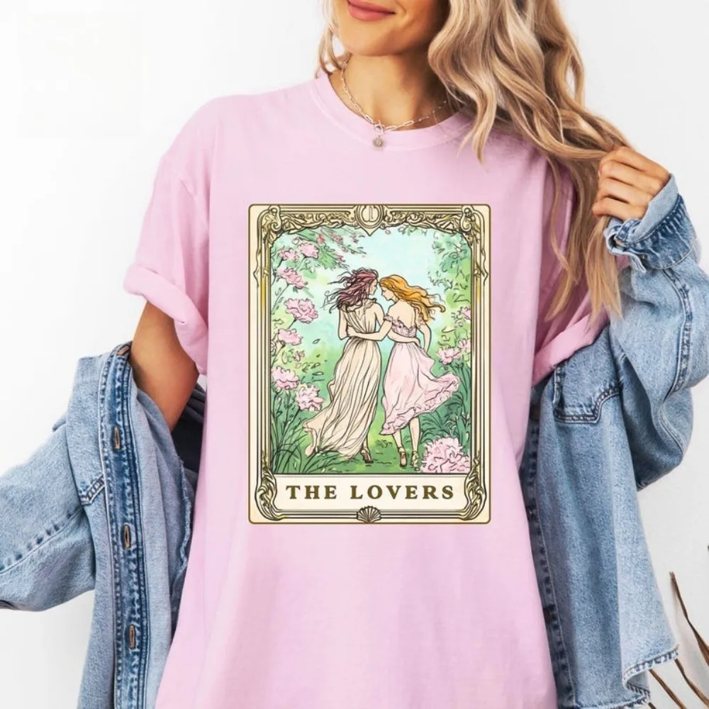 Subtle Lesbian Pride Shirt The Lovers Tarot Card T-shirt Femme Tshirt Queer Fashion Bisexual Gay Love Clothes Women Cotton Tops