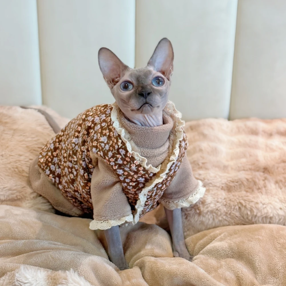 Small floral Khaki Cotton Jacket Coat Suit for Sphynx Cat in Winter thick warm Sweater for Kittens Soft Lace Coat for Female Cat