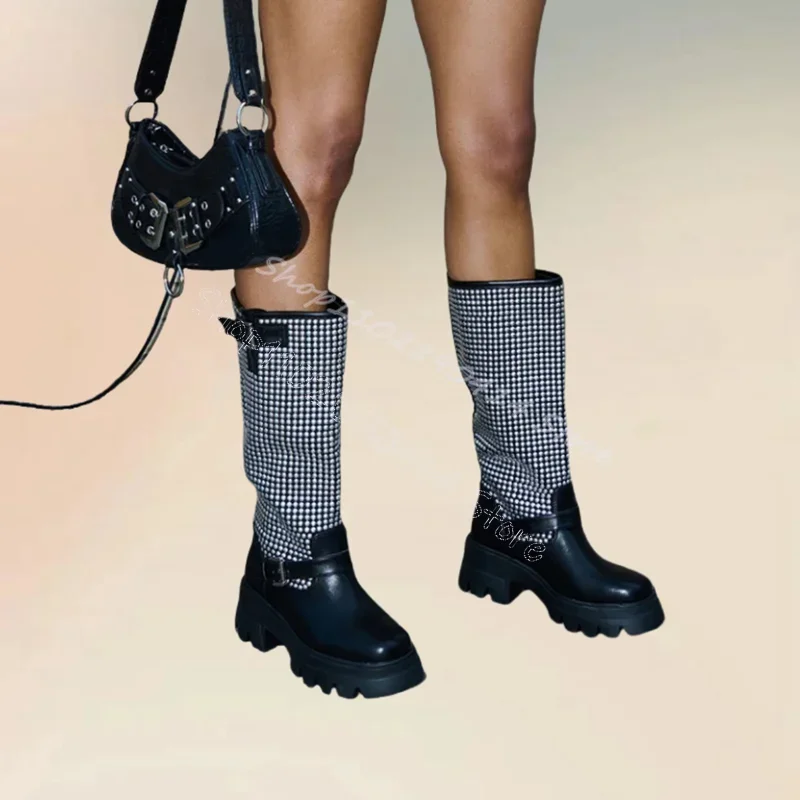 Rhinestone Buckle Decor Black Wave Bottom Boots Slip On Women Shoes Chunky Heels Fashion Party Banquet 2025 Zapatos Para Mujere