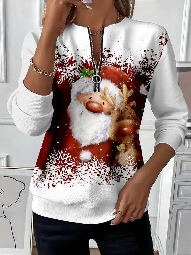 2026 Autumn Women's New Red Reindeer and Red Snowflake Pattern Printed Casual Top, Street Fashion Long Sleeve Top