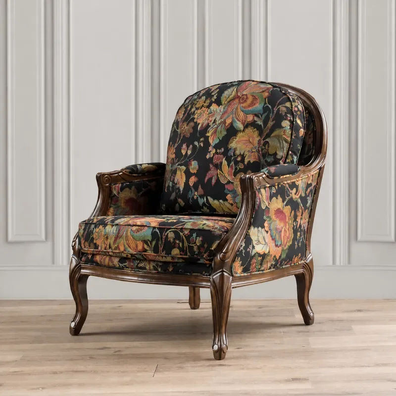 American Solid Wood Retro Living Room Single Sofa Simple Fabric Embroidery Leisure Chair Villa High Back Armchair