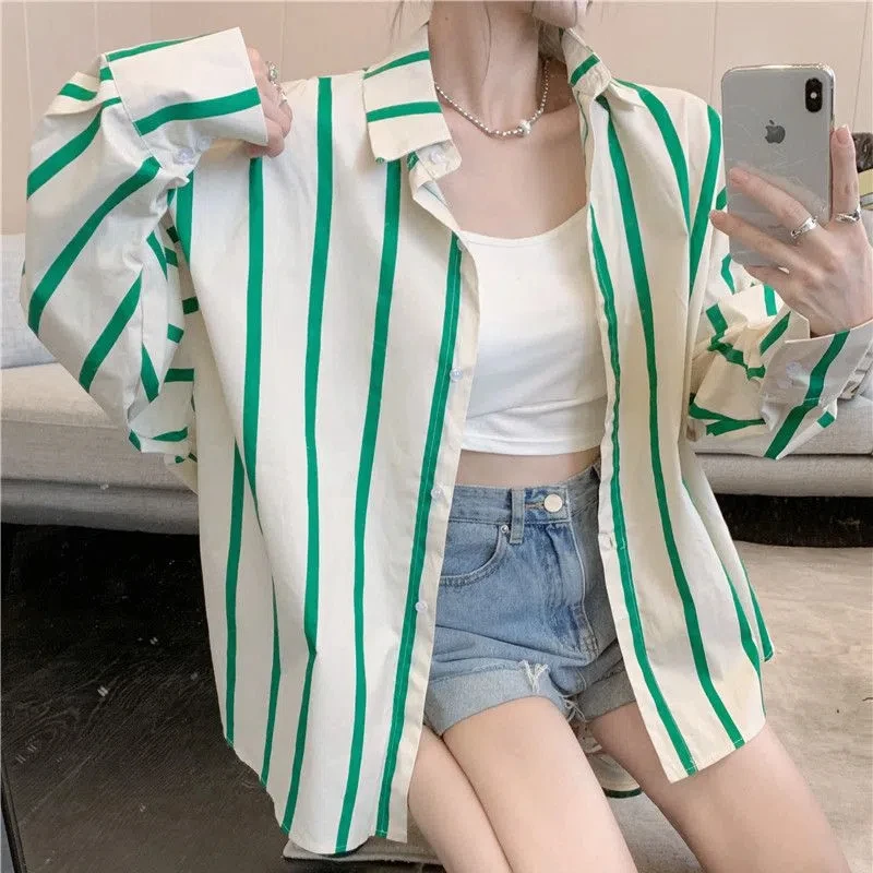 Korean New Spring and Autumn Women\'s 2024 New Patchwork Polo Collar Button Striped Fashion Loose Casual Long Sleeved Shirts