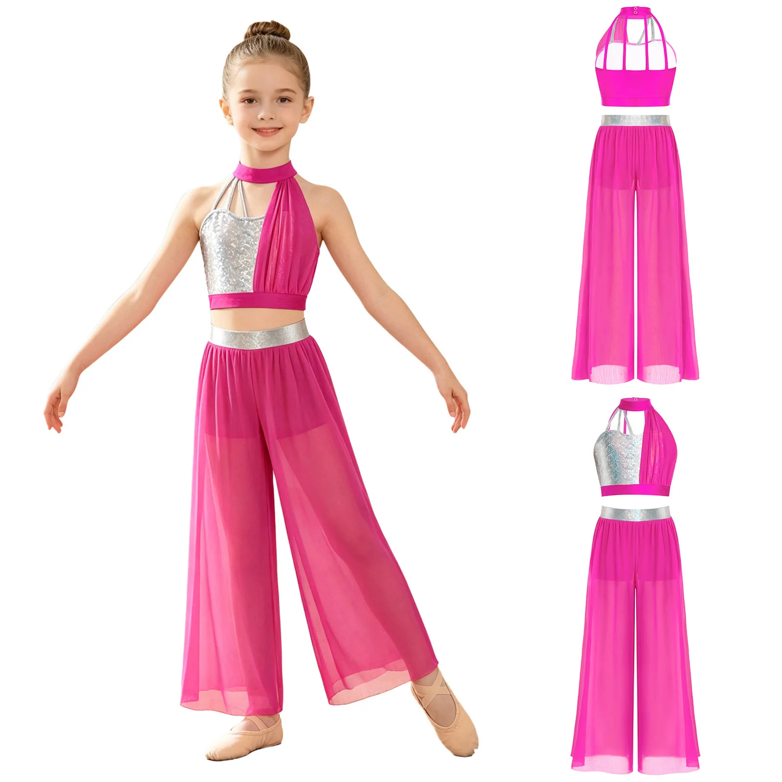 Teen Girls Modern Lyrical Dance Skating Gymnastics Acrobatics Performance Outfit Crop Top with Sheer Mesh Pants Built-in Shorts