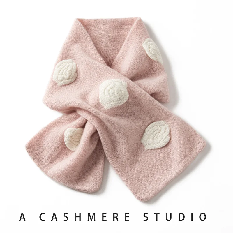 Cashmere scarf cross-winter high-end short camellia flower small scarf for women, genuine 100% pure cashmere neck guard
