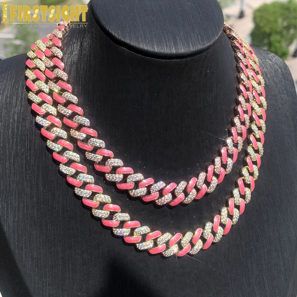 

New Iced Out Bling 11mm Miami Cuban Chain Pink Enamel Necklace 2 Raw CZ Charm Bracelet Hip Hop Women Fashion Jewelry Set