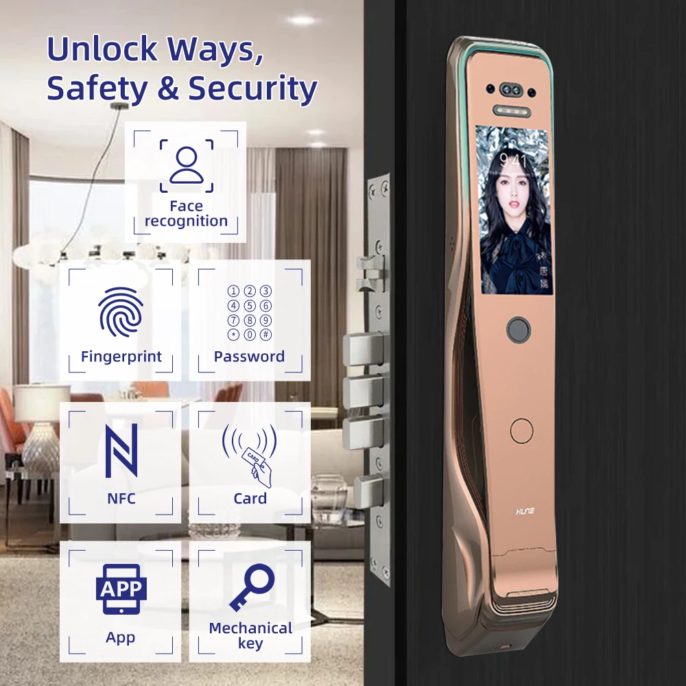 

HUNE Rfid Smart Door Lock Keyless Tuya Wifi Fingerprint Push Pull Home Lock With Camera Biometric Door Lock Airbnb Cerradura