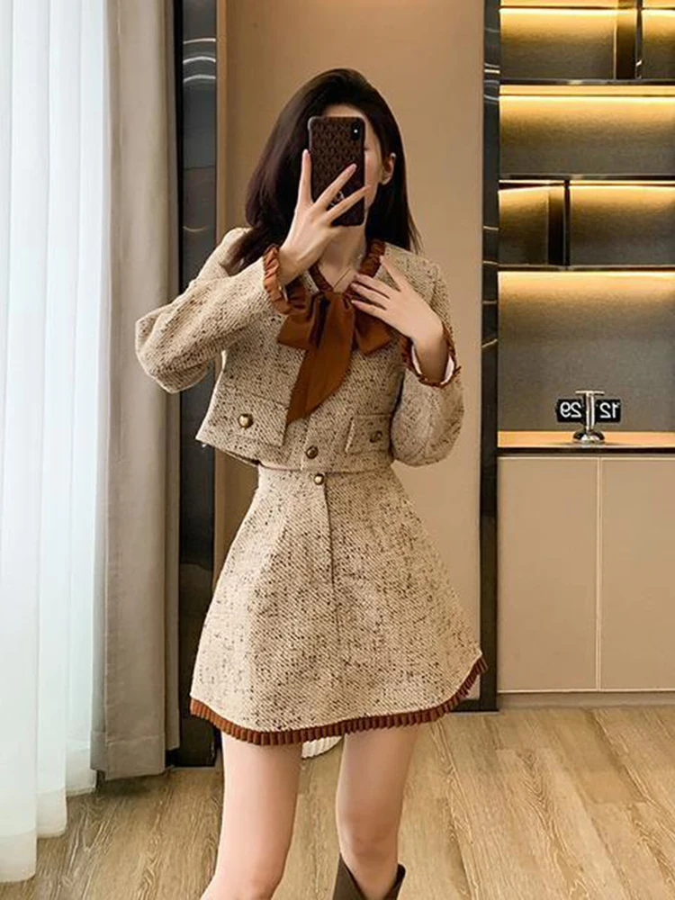 

Маленький ароматный стильный осенний комплект из двух предметов, женский элитный элегантный пиджак с высокой талией, короткая юбка трапециевидной формы, темпераментный комплект