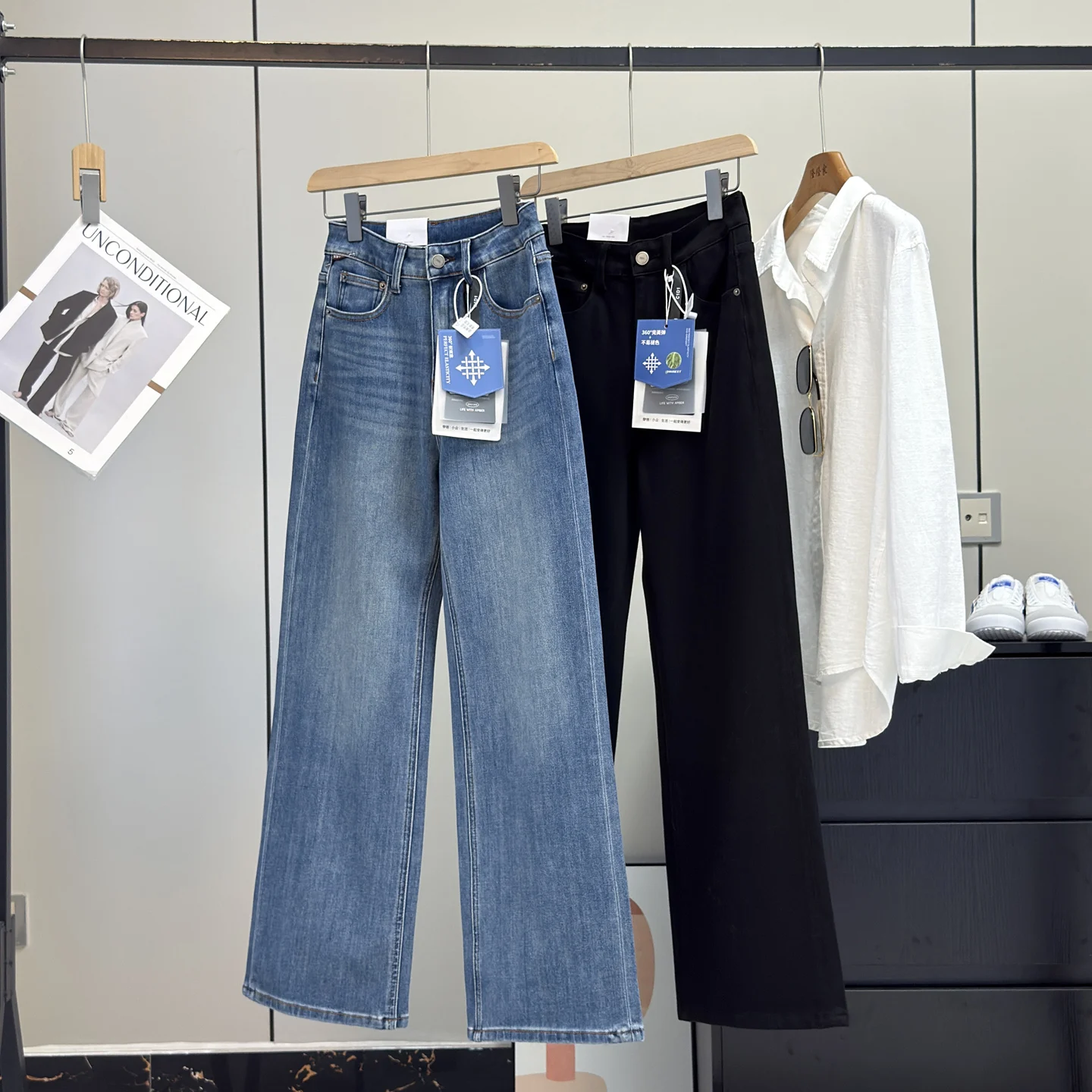 

Широкие джинсы с высокой талией, женские облегающие эластичные джинсовые брюки в стиле ретро, прямой крой, осень 2025 Faion Trend