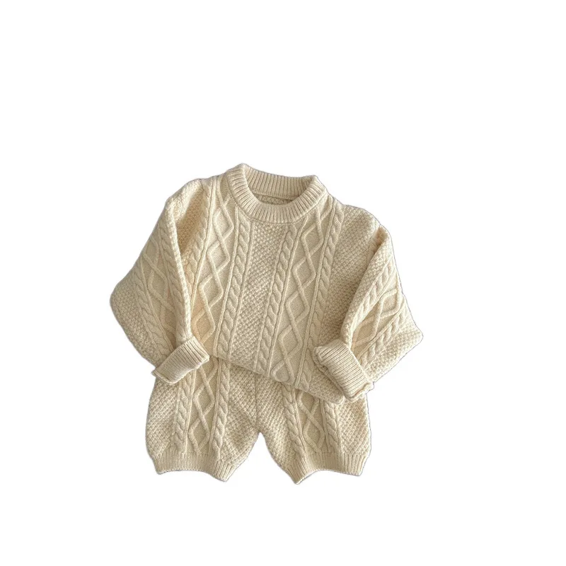 Autumn Winter Children Knitted Twist Sweater Set Kid Boy Girl Retro Casual Tops + Shorts 2pcs Baby Knitting Pullover Shirt Suit