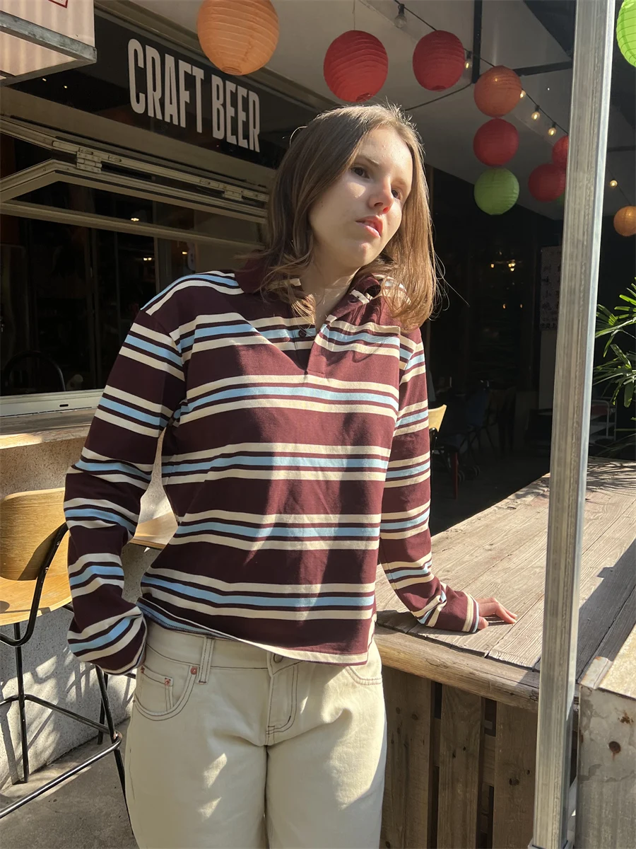 2025 Summer Ladies Polo Shirts Woman Long Sleeve Crop Top Striped Vintage Clothes Polo Shirts Mujer Streetwear Casual Tops Brown image 3