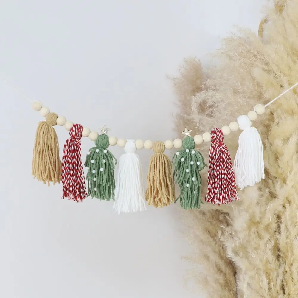 

Xmas Gift Boho Style Christmas Tassel Ornaments Colorful Navidad Hanging Pendant Wooden Beads Tassel Banner Home Decor