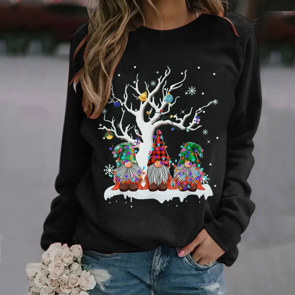 New Christmas Snow Christmas Tree Fashion T-shirt Cute Cartoon Santa Claus Long-sleeved Round Neck Tops Oversized Unisex T Shirt