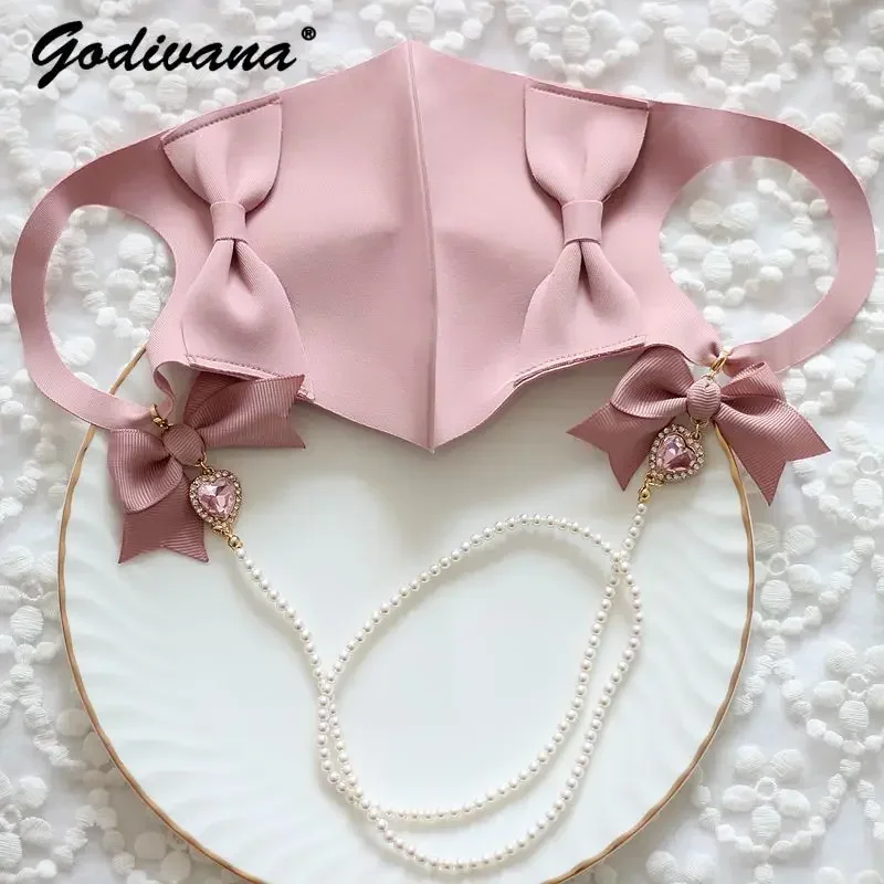 Handmade Japanese Lolita Bow Pearl Rhinestone Chain Mask Anti-Lost Chain Sweet Glasses Sunglasses Lanyard