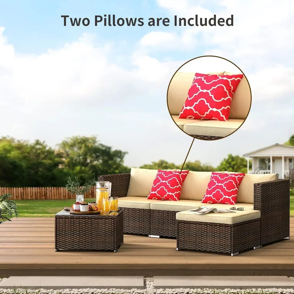 5-Piece Patio Furniture Set Outdoor Couch with Glass Coffee Table and Two Pillows, Outdoor Sectional Conversation Set