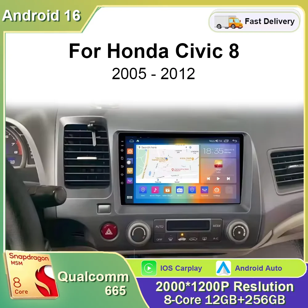 Android 16 para Honda Civic 8ª Geração 2005-2012, Rádio Auto, Estéreo, Navegação GPS, Player Multimídia com Tela