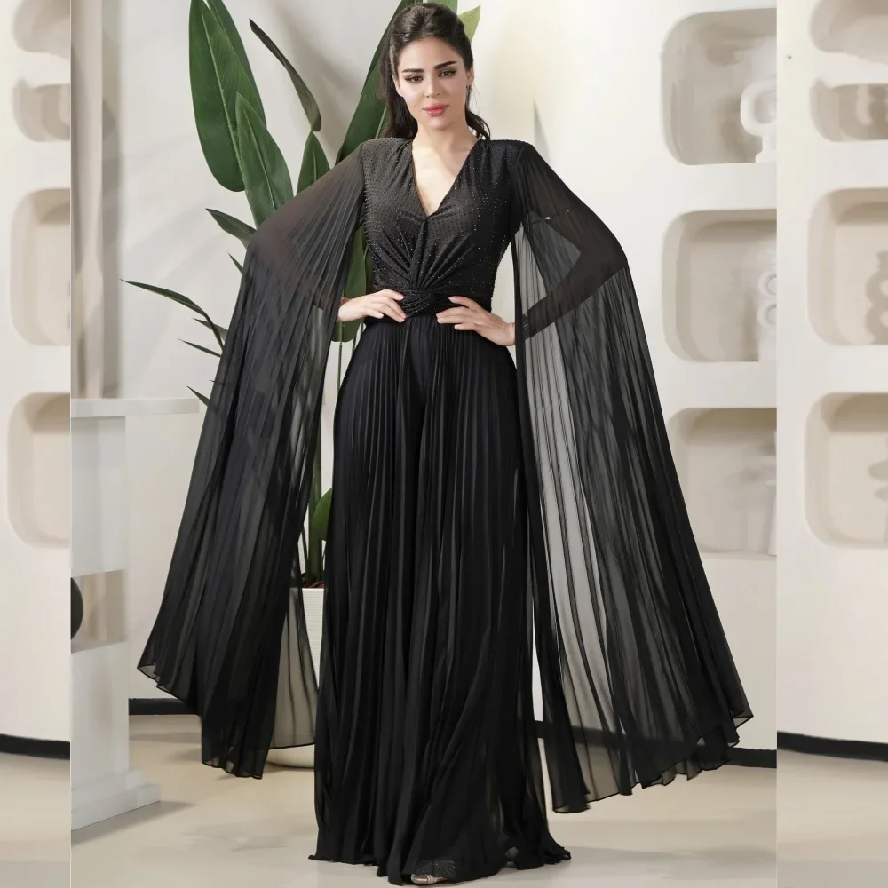 Customized Prom Gown Chiffon Draped Pleat Engagement A-line V-Neck Exquisite High Quality Occasion Evening Long Dress for Women