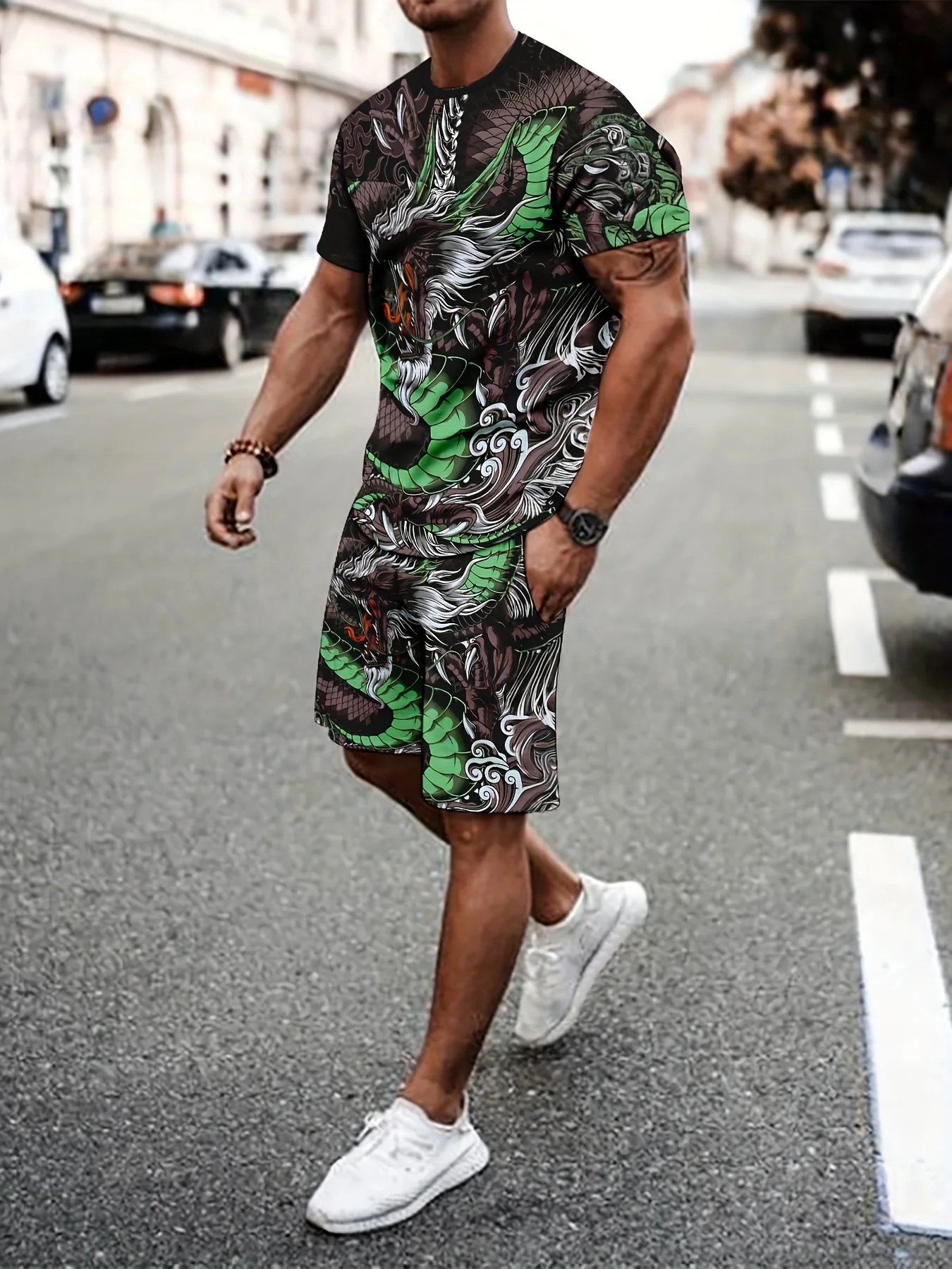 Leisure Sports Set, Breathable Outdoor Casual Men's T-shirt, Cropped Pants Set, Summer 3D Printing Set, Men's Adult Set