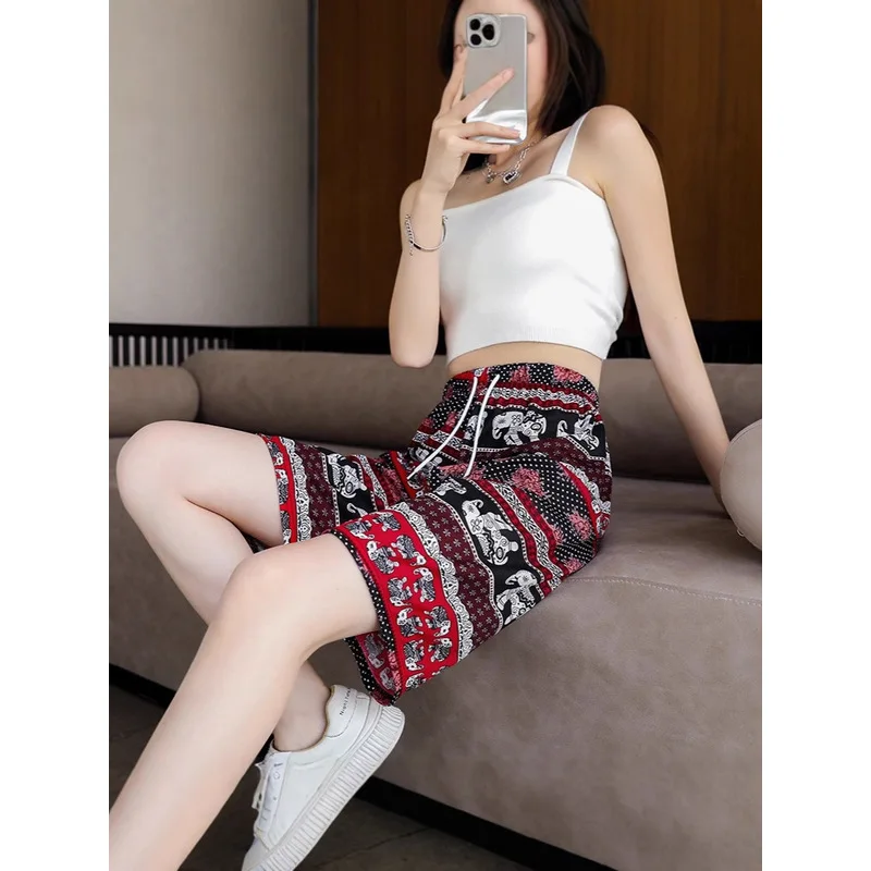 Thai Elephant Womens Ethnic Style Loose Wide Leg Beach Shorts Home Casual Trendy Five Point Shorts For Summer Vacation Dai