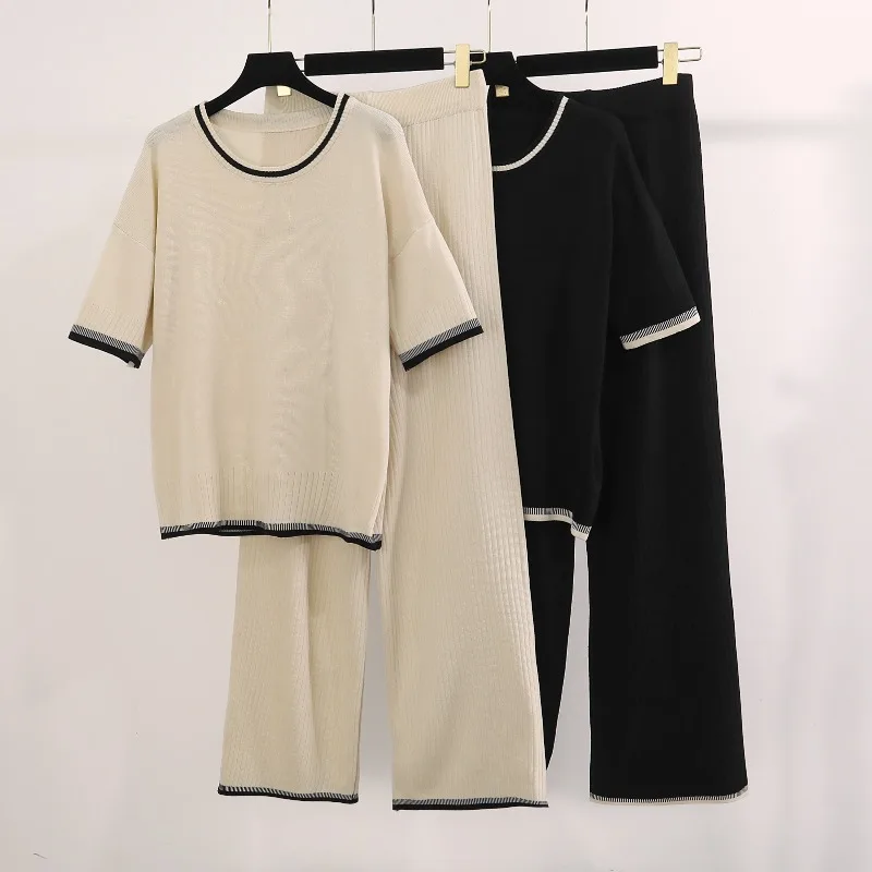 New 2024 Casual Sets for Women 2 Pieces Summer Knitted O-neck Short Sleeve Pullover Tops Sweater + Wide Leg Pants Women\'s Suit