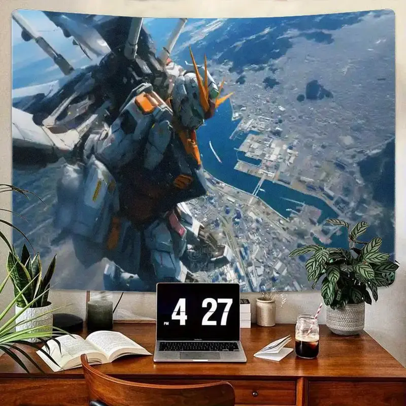 

1 шт., большой подробный робот Gundam, вид на воздухе, прибрежный городской пейзаж, гобелен, настенное искусство, современный полиэстер, домашний декор для спальни, гостиной