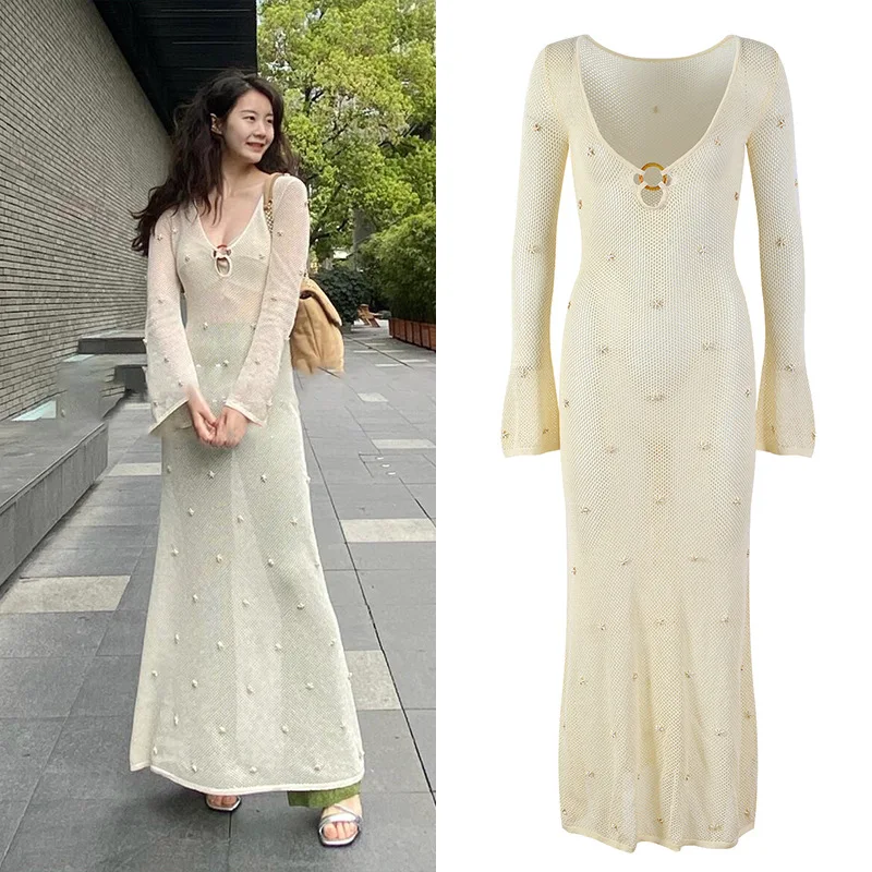 

Hollow Dew -back Dress Waist Knitted French Dress Low-cut Sexy Leisure 2025 Summer New Women's Clothing Birthday Dress for Women