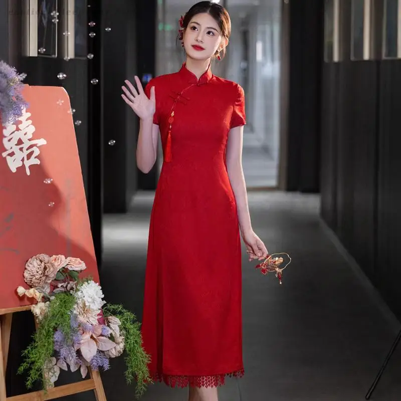 

Red Ao Dai A-Line Qipaos New Chinese Style Improved Dress Traditional Elegant Temperament Toast Clothes Large Size 3XL Cheongsam