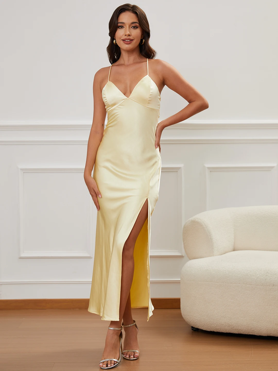 

Elegant Silk Satin Maxi Long Dresses for Women Bodycon Spaghetti Strap High Split Party Cocktail Evening Dress Holiday 2025