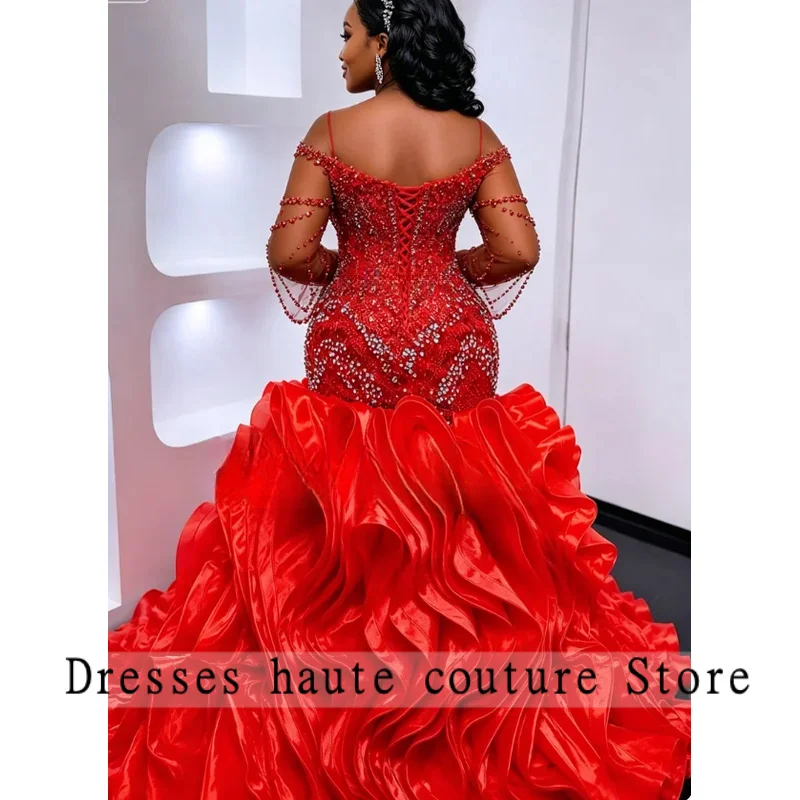 Aso Ebi Long Mermaid Prom Dress With Beaded Crystals Long Women Wedding Party Dress Customized African Ruffles robes de soirée