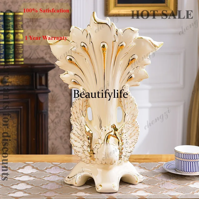 D1089 European ceramic vase ornament gilt peacock open screen flower insert creative home jewelry decoration