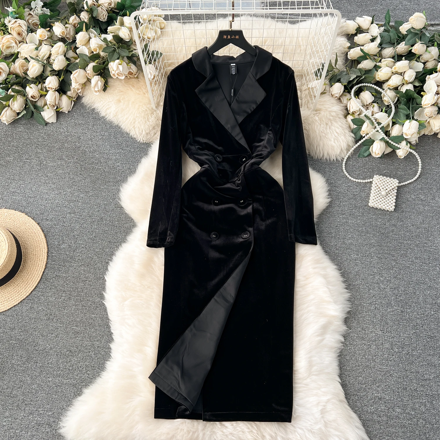 Women Chic Elegant vintage Notched tow Breasted  velvet Dress Sexy Fashion Slim A-line autumn sweet dresses