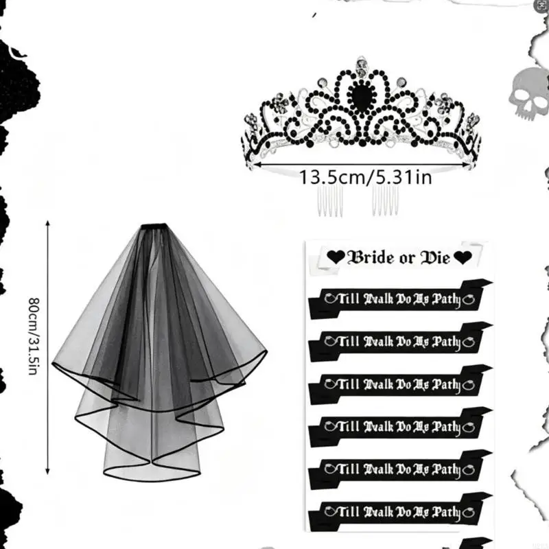 2026 New Bride Or Die Bachelorette Party Decoration Black Skull Bridal Headpiece for Halloween Parties, Gothic Wedding Looks - view 4