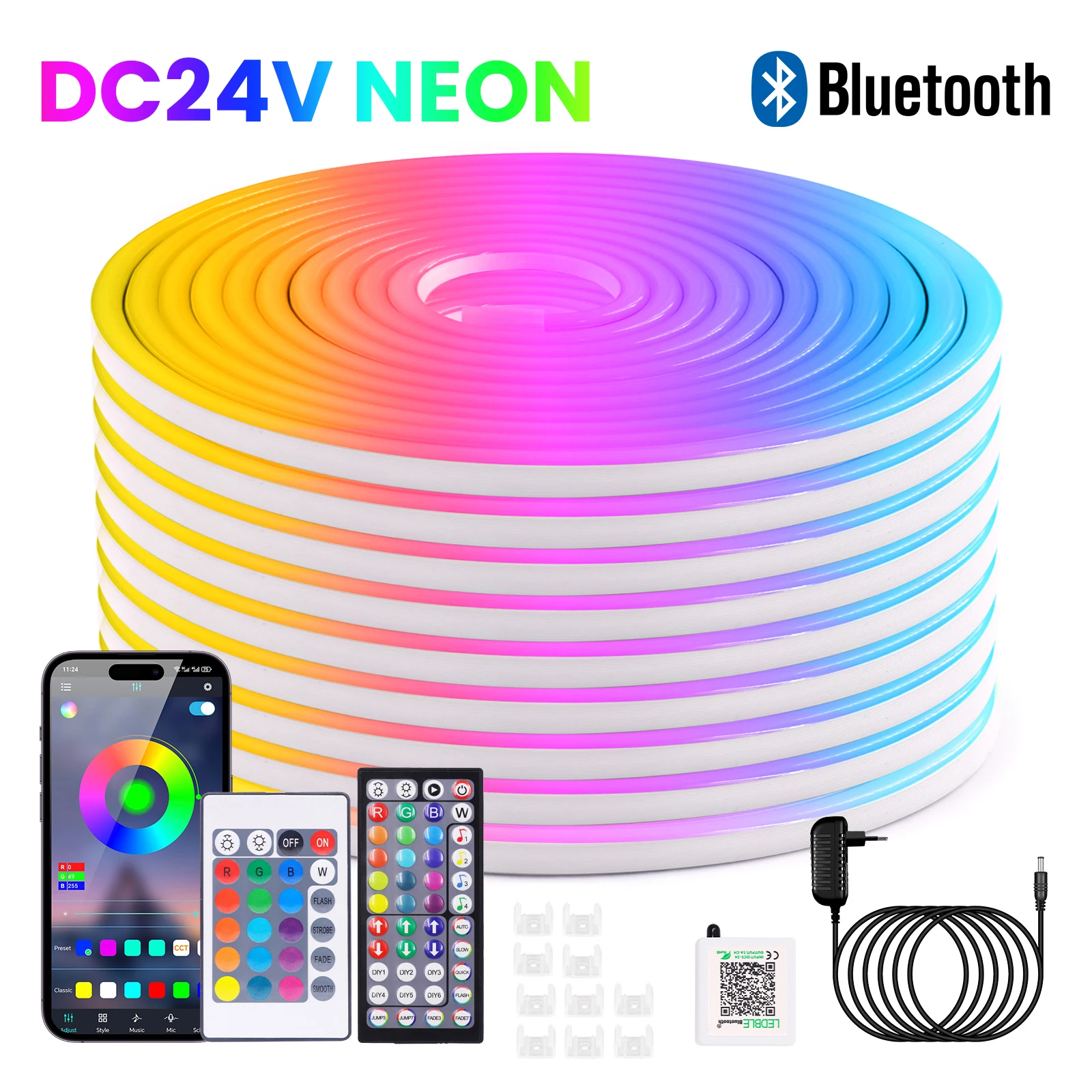 24V RGB Neon Strip Music Sync Bluetooth APP 24Keys 44Keys Remote Control Waterproof LED Neon Rope Light for Decor 5M 10M 15M 20M