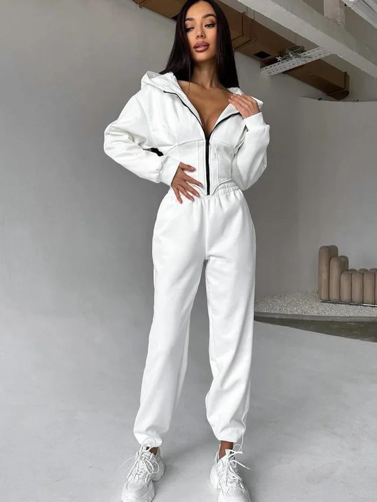 

Solid Waist-cinched Hooded Sweater Suit Women Fashion Casual Long Sleeve Zipper High Waist Top Pants Set Lady Street Outwear