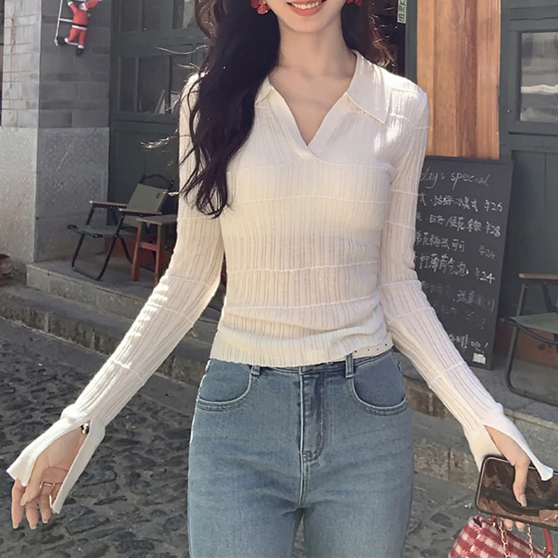 DGLUKE White Polo Sweater Women Transparent Long Sleeve Sweaters Fashion Striped Knitted Cashmere Sweater Shirt Korean Style