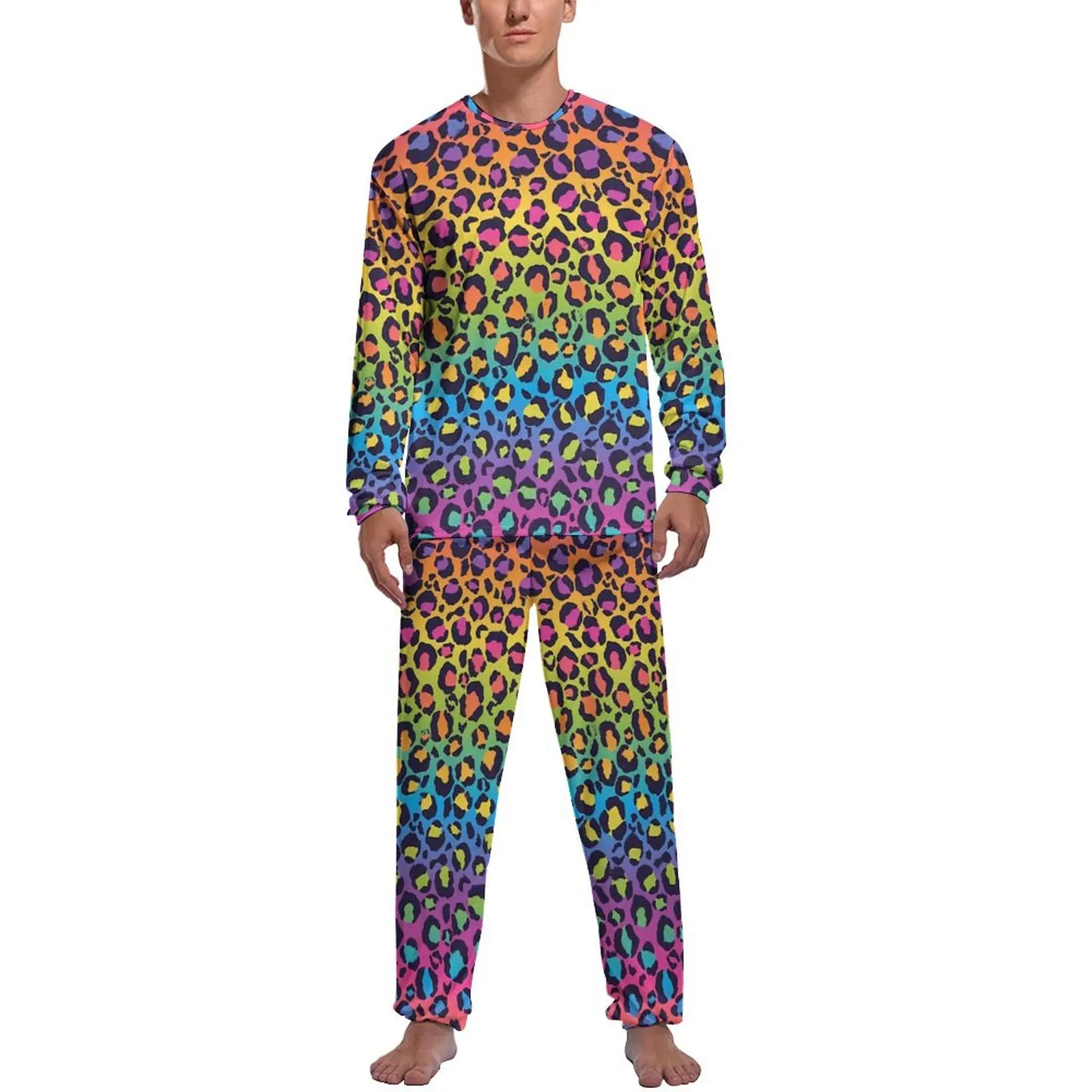 

Rainbow Ombre Pajamas Winter 2 Piece Leopard Print Kawaii Pajama Sets Men Long Sleeve Leisure Printed Home Suit