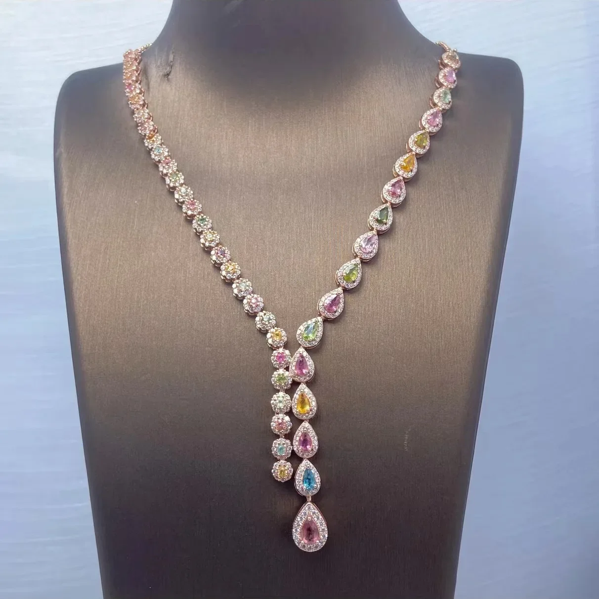 

Luxury Silver Color Rainbow Colorful Cubic Zirconia Necklace for Women Multicolor Wedding Necklace Vintage Evening Party Jewelry