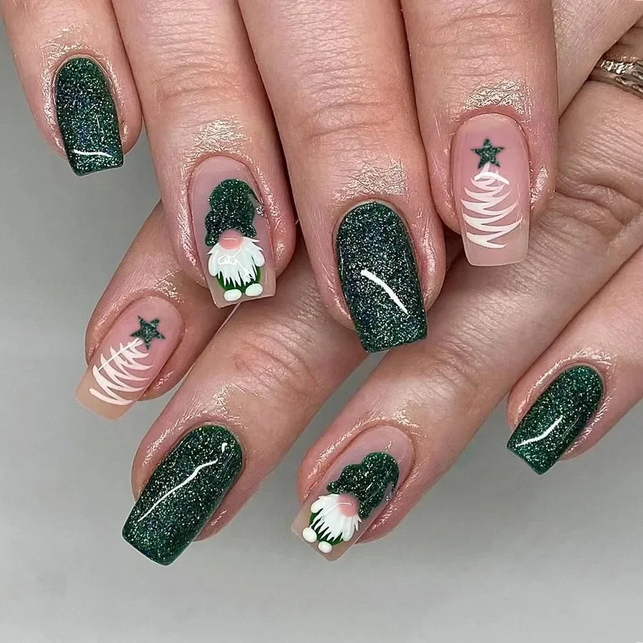 

24pcs Christmas Short Square False Nails Sparkling Dark Green Santa&Santa Hat Christmas Tree Design Fake Nails for Women/Girls