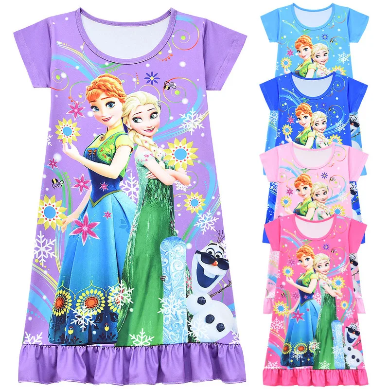 Frozen Ii Cartoon Kawaii Girls Summer Short Sleeve Pajamas Nightdress Home Clothes Polyester Printed Short-sleeved Ruffled Skirt