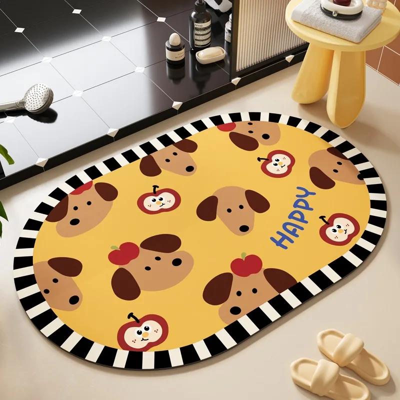 Bathroom Mat Cartoon Dog Cute Style Rug Absorbent Quick-drying Floor Mats Toilet Diatom Mud Non-slip Carpet Oval Decorative Rugs