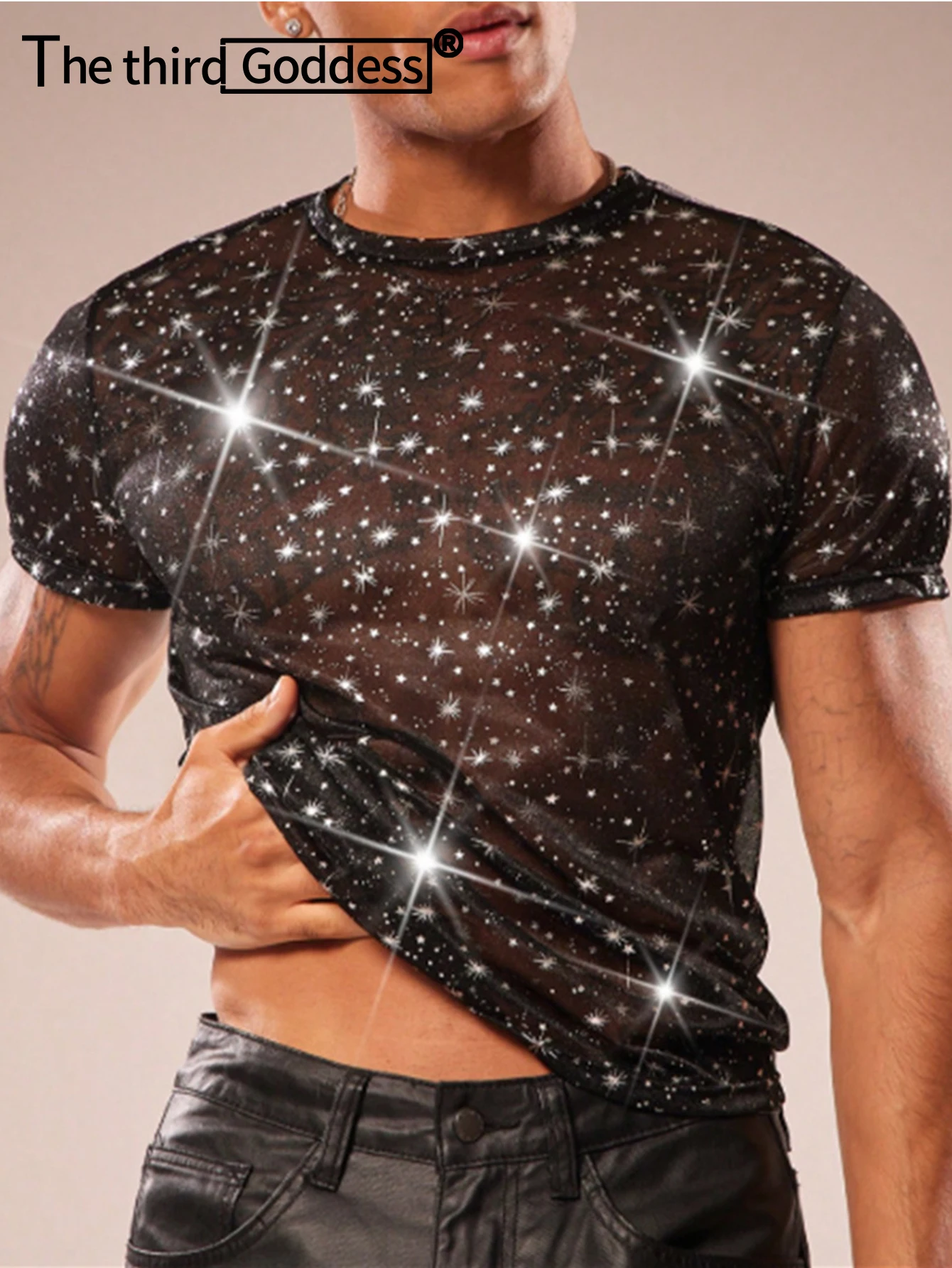 Sexy see through rhinestone t shirt women man summer club party tops transparent mesh short sleeve t-shirts fashion streetwear