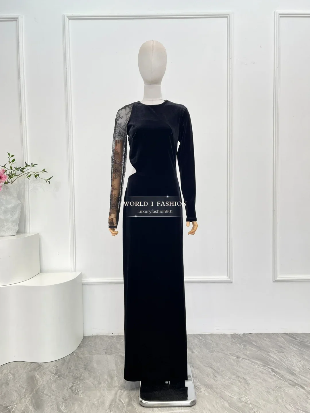 Sukienka maxi damska z czarnego aksamitu, z długim rękawem, odkrytymi plecami i koronką, elegancka, wysoka jakość, nowość 2025