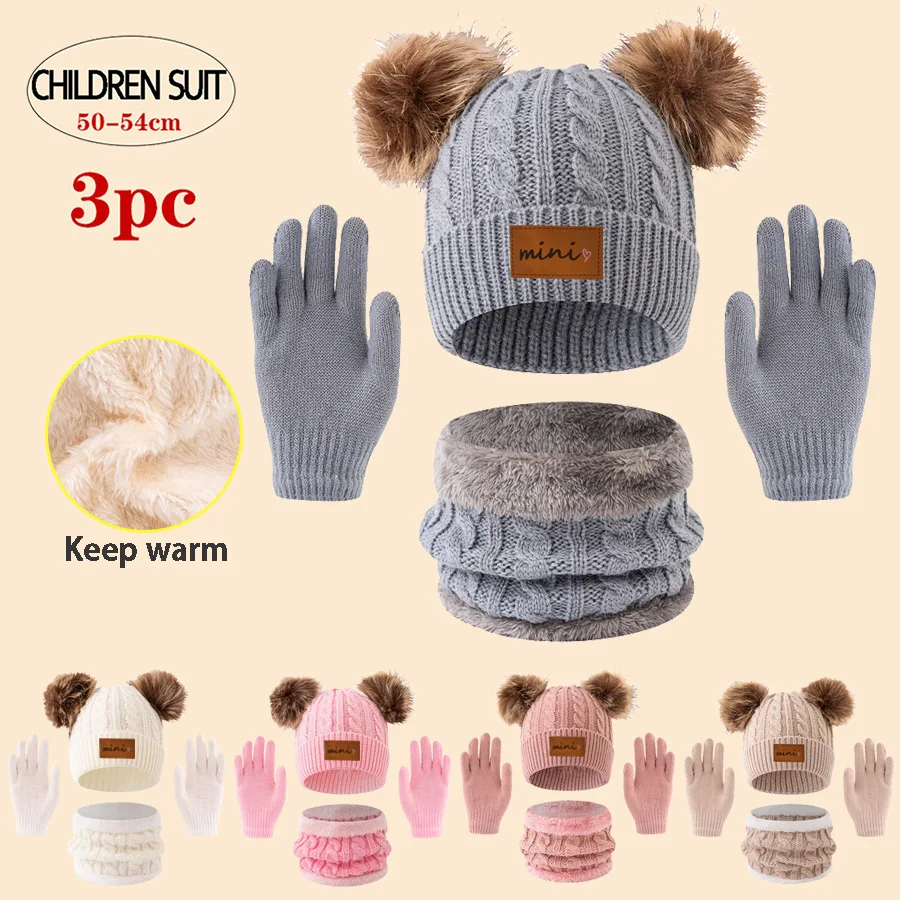 

3pc knitted hats, scarves and gloves for children, suitable for 3-12 years old to thicken and keep warm in winter.