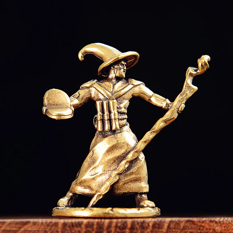 Brass Magician Small Statue Retro Characters Mystic Sorcerer Miniatures Figurines Desktop Decorations Crafts Home Decor Ornament