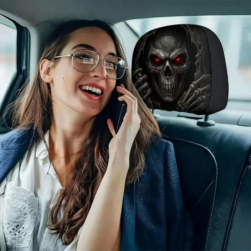 2Pcs Car Headrest Covers Red Eyed Skull Grim Reaper Print Gothic Style