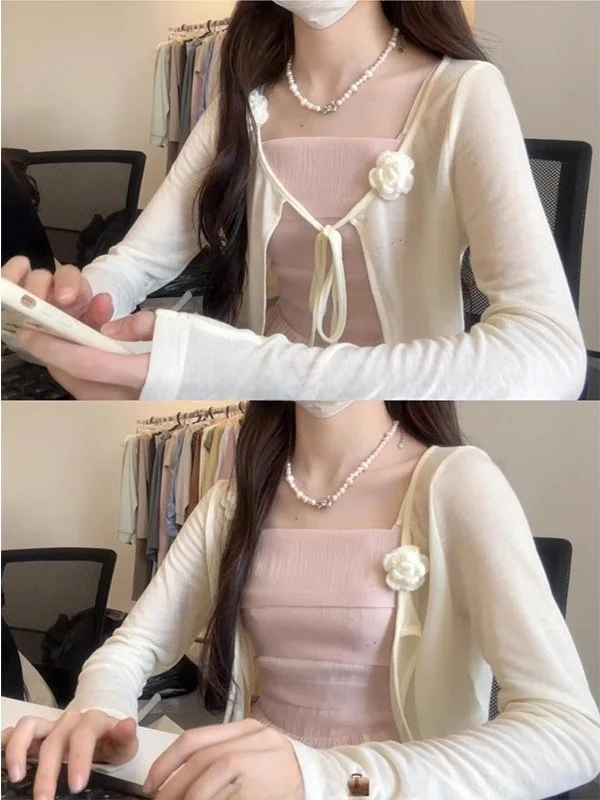 

White Knitted Ice Silk Wrap Cardigan Women's Summer 2026 New Sle V-Ne ort Sve Vest Top Outerwear Korean Sle Slim Fit
